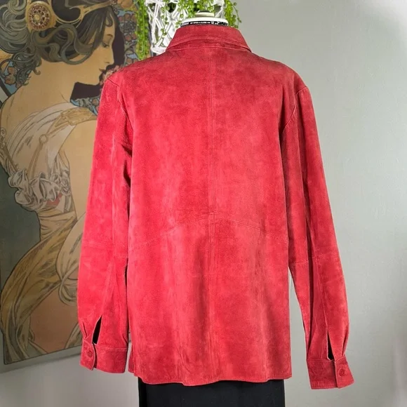 Women’s Vintage Red & Black Suede Leather 90s Style Button Down Shirt Jacket‎ - Picture 4 of 11